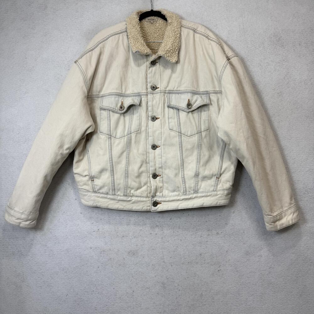 Season 5 Jacket Mens Medium Beige Sherpa Lined Denim Trucker Button Warm Pockets